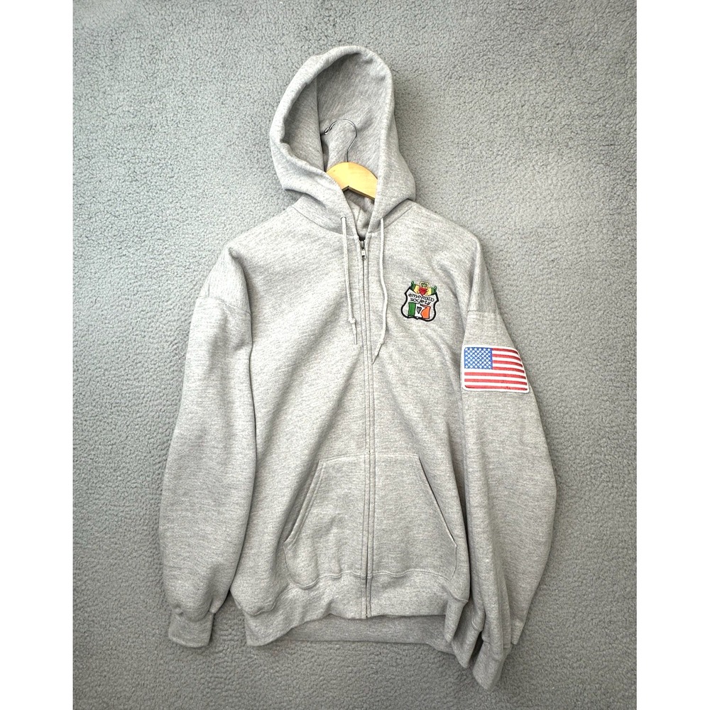 VTG Lee Heavyweight Full-Zip Hoodie Men XL Gray Emerald Society Patch USA Flag